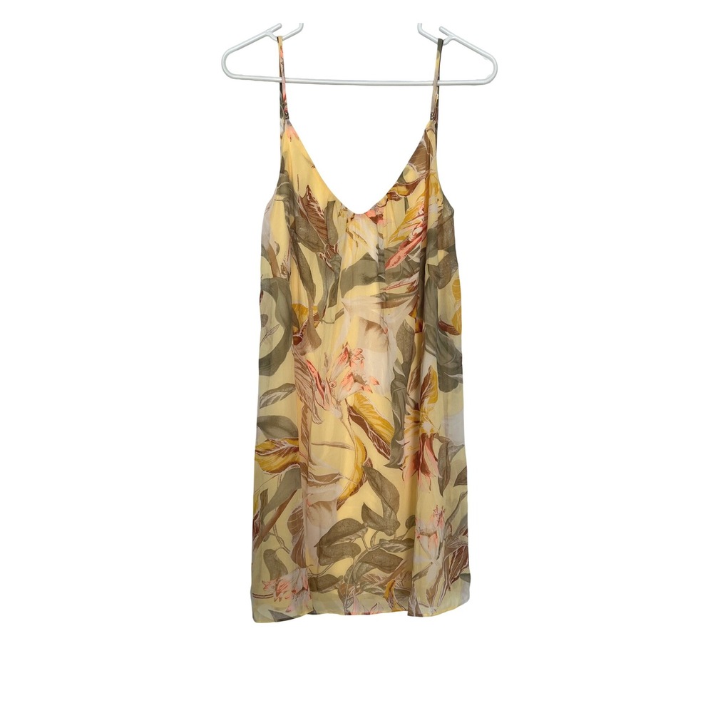 WHBM Womens Size 8 Slip Mini Dress Yellow Green Floral Leaf Tropical Boho Resort